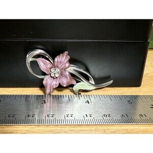Vintage Pink Rhinestone Flower Brooch Pin Open Back Silver Color Pink